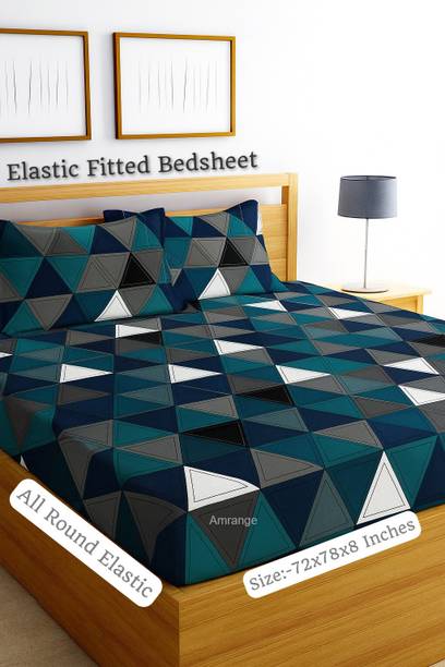 Amrange Cotton King Fitted (Elastic) 240 TC Geometric 1 Bedsheet with 2 Pillow Covers