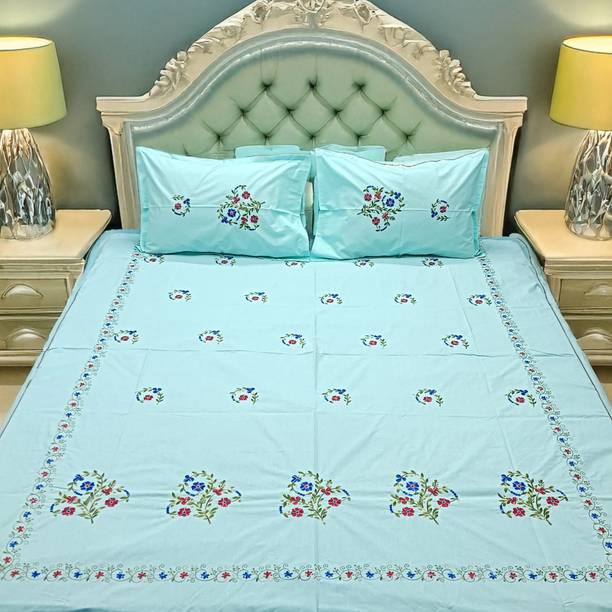 Arsha Chikankari Cotton King Flat 230 TC Embroidered 1 Bedsheet with 2 Pillow Covers