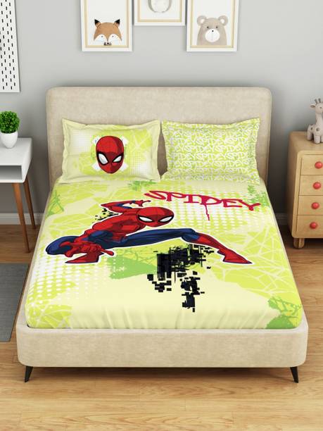 SPACES Cotton Double Flat 132 TC Cartoon 1 Bedsheet with 2 Pillow Covers