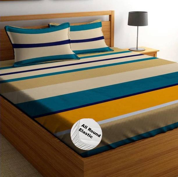 BEDORISM 260 TC Cotton King Printed Fitted (Elastic) Bedsheet