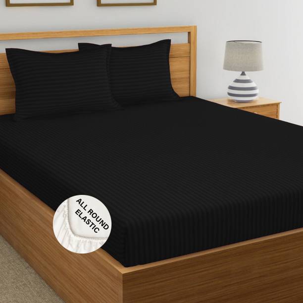Weave & Décor Microfiber Super King Fitted (Elastic) 300 TC Striped 1 Bedsheet with 2 Pillow Covers