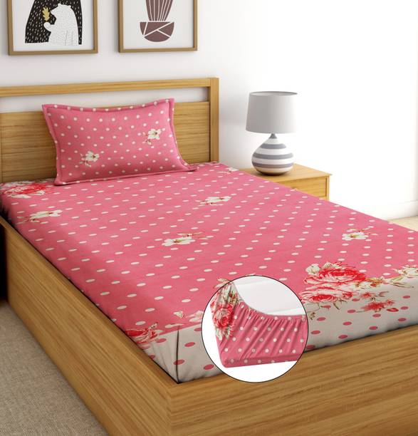 Decorum Polycotton Single Fitted (Elastic) 180 TC Printed 1 Bedsheet with 2 Pillow Covers