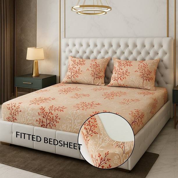 ubav Cotton Blend King Fitted (Elastic) 240 TC 3D Printed 1 Summer Bedsheet with 2 Pillow Covers