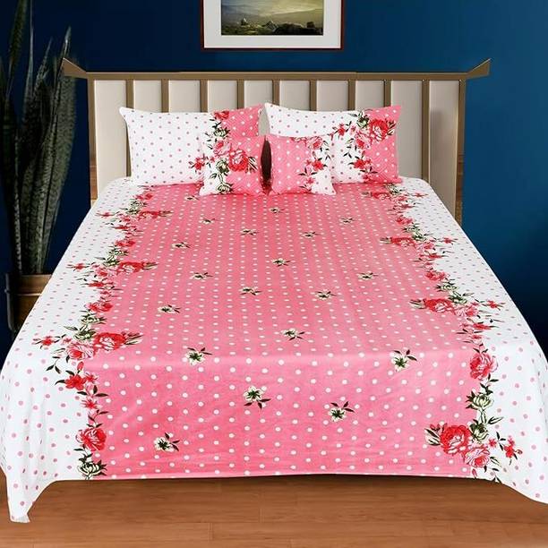 LOOMORA Cotton King Flat 300 TC Printed 1 Bedsheet with 2 Pillow Covers, 2 Cushion Covers