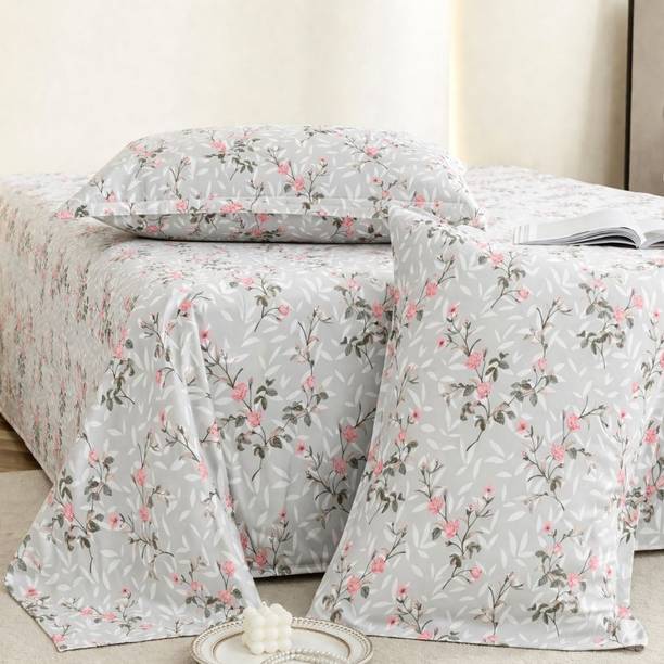 Jaipur Weaves Cotton King Flat 240 TC Floral 1 Bedsheet with 2 Pillow Covers