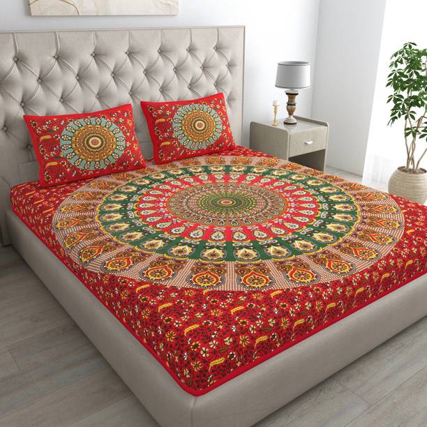 HOMEQUIPO Cotton Double Flat 144 TC Jaipuri Prints Bedsheet