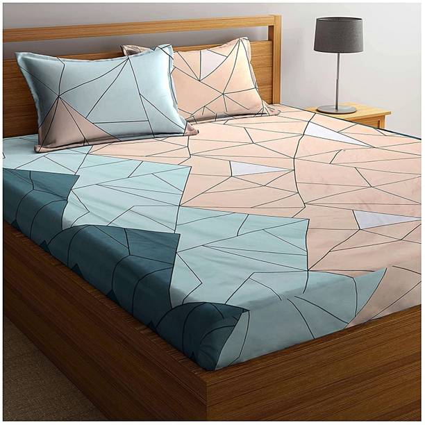 BEDORISM 260 TC Cotton King Printed Fitted (Elastic) Bedsheet