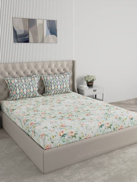 Raymond Home Cotton King Flat 300 TC Floral 1 Summer Bedsheet with 2 Pillow Covers