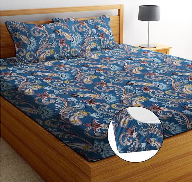 EXFAB Cotton Double Fitted (Elastic) 240 TC Printed 1 Bedsheet with 2 Pillow Covers