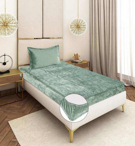 CRAFTEAL Velvet Single Fitted (Elastic) 300 TC Solid 1 Bedsheet with 2 Pillow Covers