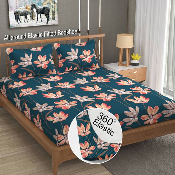 LA VERNE 144 TC Cotton Double Jaipuri Prints Fitted (Elastic) Bedsheet