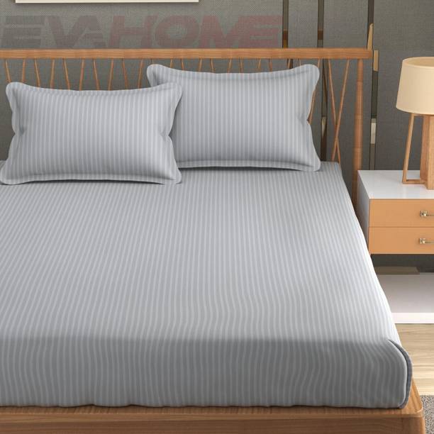 EVAHOME Cotton Double Flat 300 TC Striped 1 Bedsheet with 2 Pillow Covers