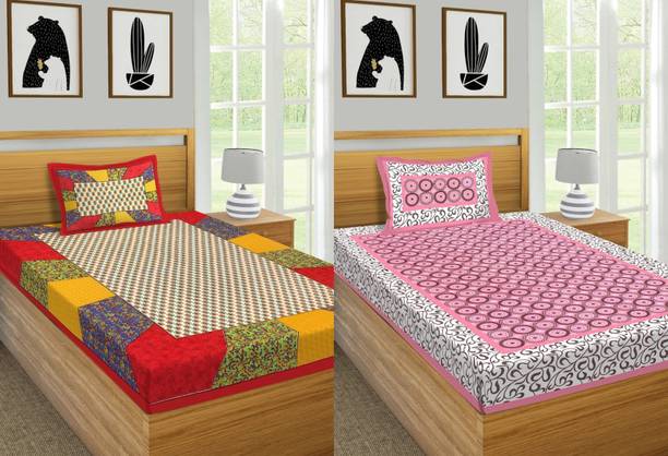 Jeevat Cotton Single Flat 180 TC Jaipuri Prints 2 Bedsheets with 4 Pillow Covers