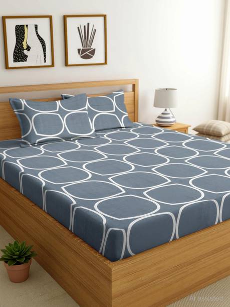 SUKHAURA Cotton Queen Fitted (Elastic) 254 TC Printed 1 Bedsheet with 2 Pillow Covers