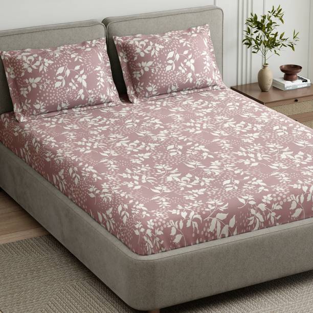 haus & kinder Cotton King Fitted (Elastic) 144 TC Printed 1 Summer Bedsheet with 2 Pillow Covers, 2 Cushion Covers