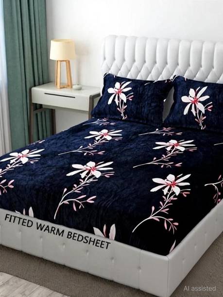 Kulshum Dream Velvet King Fitted (Elastic) 300 TC Floral 1 Bedsheet with 2 Pillow Covers