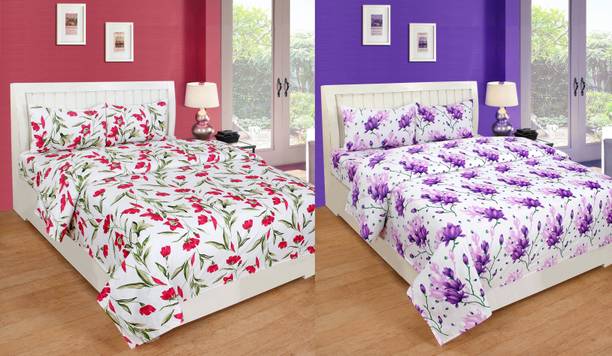 HSR Collection Cotton Double Flat 210 TC Floral 2 Bedsheets with 4 Pillow Covers