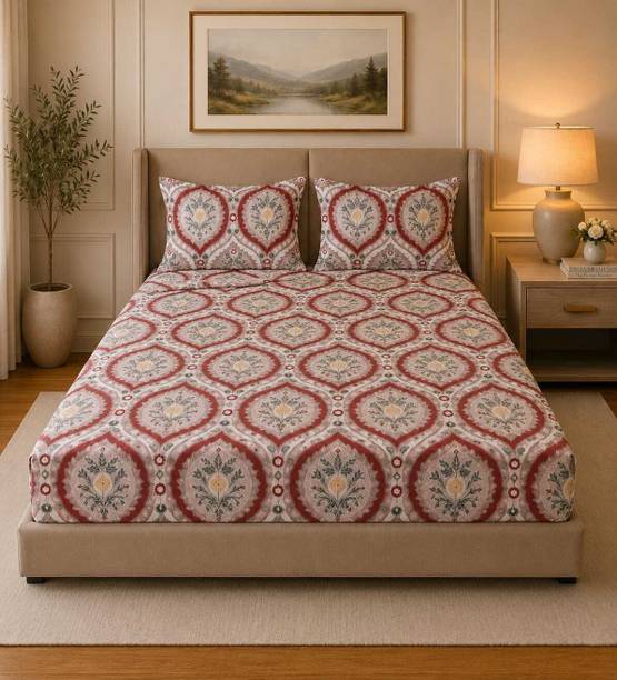 EXFAB Cotton Double Fitted (Elastic) 244 TC Printed 1 Bedsheet with 2 Pillow Covers