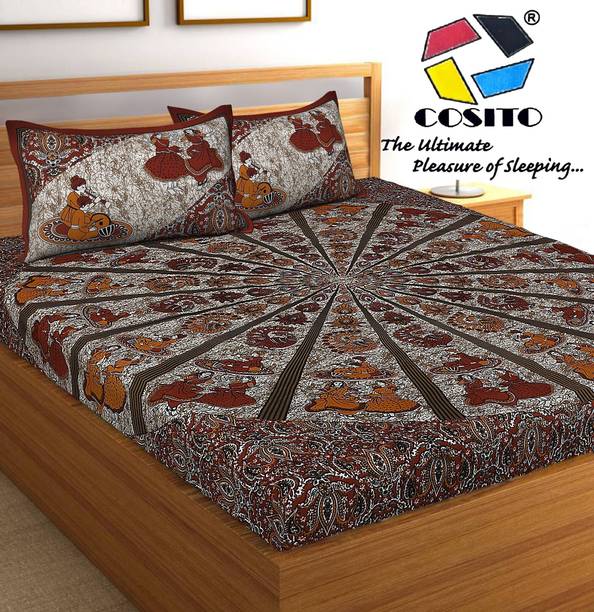 Cosito 144 TC Cotton Double Jaipuri Prints Flat Bedsheet