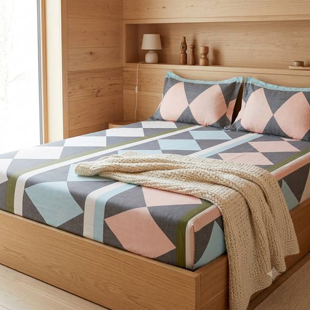 Savora Lifestyle Cotton Blend, Microfiber Double, Queen Flat 120 TC Geometric 1 Summer Bedsheet with 2 Pillow Covers