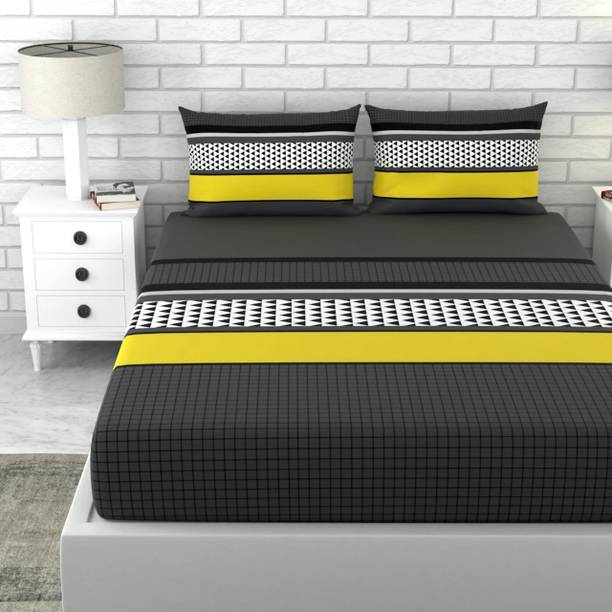 LORETO Cotton King Flat 144 TC Striped 1 Bedsheet with 2 Pillow Covers