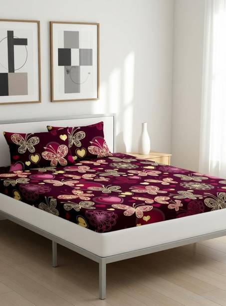 BlinkBerry Cotton Double Fitted (Elastic) 220 TC Floral 1 Bedsheet with 2 Pillow Covers