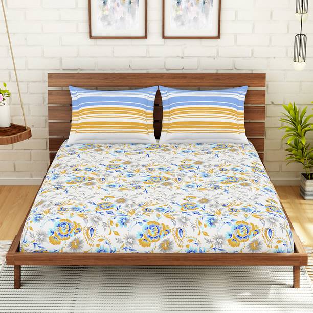 SPACES Cotton Double Flat 144 TC Printed 1 Bedsheet with 2 Pillow Covers