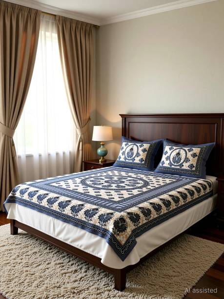 Maa Collection Cotton Double Flat 144 TC Jaipuri Prints 1 Bedsheet with 2 Pillow Covers