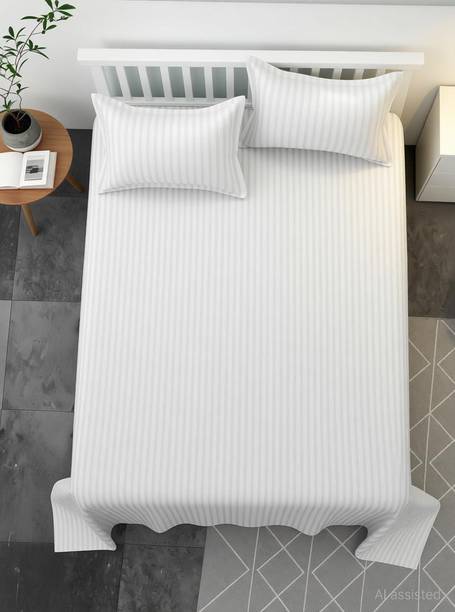 lacoza Cotton Super King Flat 400 TC Striped 1 Bedsheet with 2 Pillow Covers