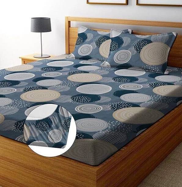 kajims Cotton Double Fitted (Elastic) 240 TC Floral 1 Bedsheet with 2 Pillow Covers