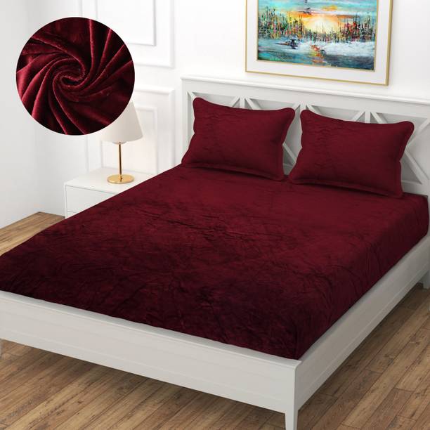 real dream Velvet Double Fitted (Elastic) 310 TC Solid 1 Winter Bedsheet with 2 Pillow Covers
