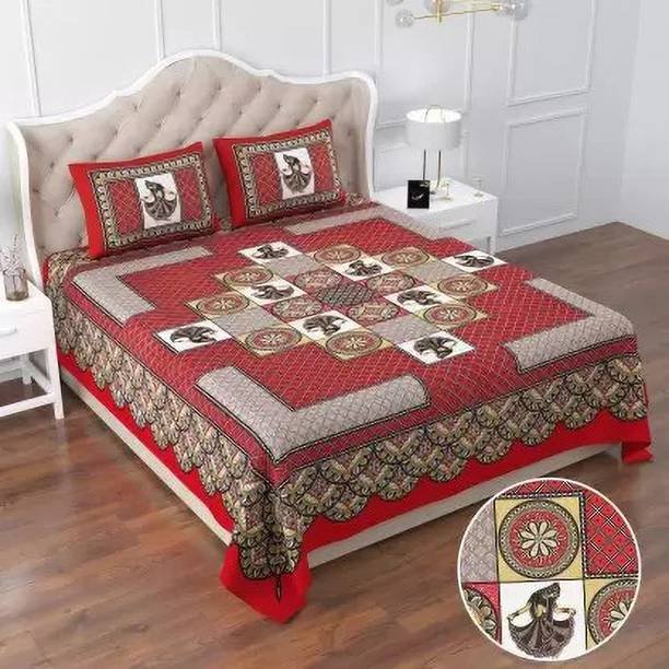 Poorak 104 TC Cotton Double Jaipuri Prints Flat Bedsheet