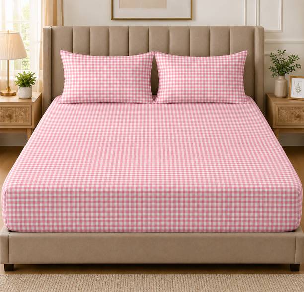 Amrange Cotton Double Fitted (Elastic) 210 TC Checkered 1 Bedsheet with 2 Pillow Covers