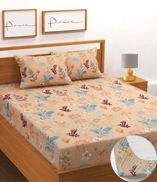 BLUEDOT Cotton Double Fitted (Elastic) 180 TC Printed 1 Summer Bedsheet with 2 Pillow Covers