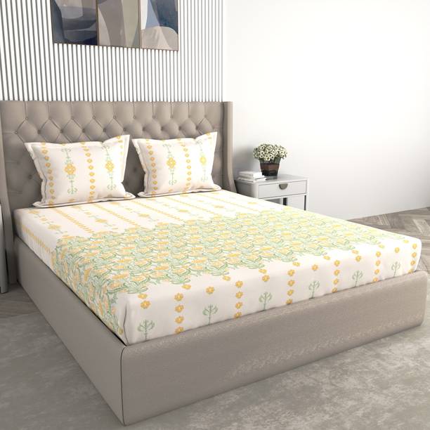 Raymond Home Cotton King Fitted (Elastic) 210 TC Printed 1 Summer Bedsheet with 2 Pillow Covers