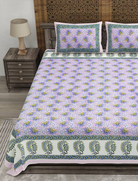CLOTHOLOGY Cotton Double Flat 240 TC Jaipuri Prints 1 Bedsheet with 2 Pillow Covers