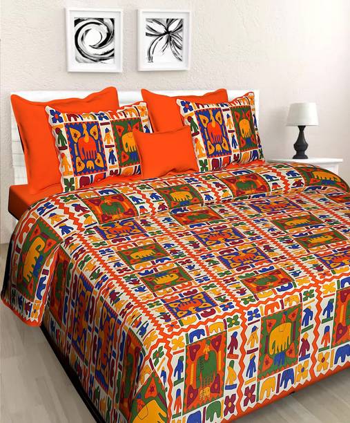 NSPR Cotton Double Flat 144 TC Geometric 1 Bedsheet with 2 Pillow Covers