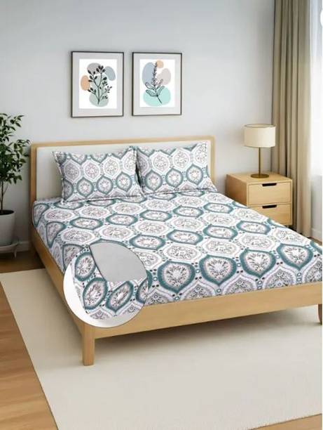 Cotton Double Fitted (Elastic) 300 TC Floral 1 Summer Bedsheet with 2 Pillow Covers
