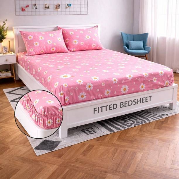 Exotic Cotton Double Fitted (Elastic) 210 TC Printed 1 Bedsheet with 2 Pillow Covers