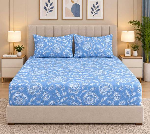 EXFAB Cotton Double Fitted (Elastic) 244 TC Printed 1 Bedsheet with 2 Pillow Covers