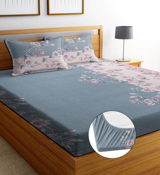 ANIKET Cotton Double Fitted (Elastic) 160 TC Floral 1 Bedsheet with 2 Pillow Covers