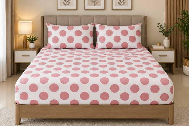 EXFAB Cotton King Fitted (Elastic) 244 TC Printed 1 Summer Bedsheet with 2 Pillow Covers