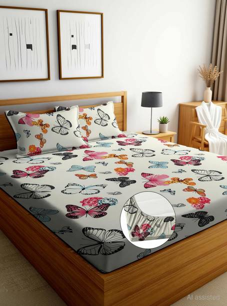 ANIKET Cotton Double Fitted (Elastic) 204 TC Printed 1 Bedsheet with 2 Pillow Covers
