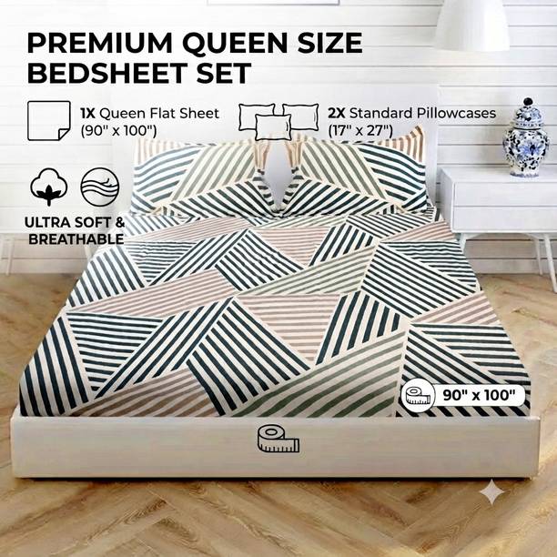 Savora Lifestyle Microfiber, Polyester, Cotton Blend Double, Queen Flat 120 TC Geometric 1 Summer Bedsheet with 2 Pillow Covers