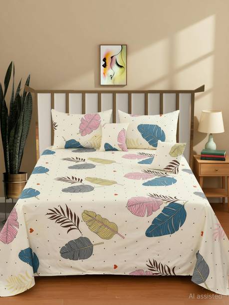 CLOVIS KRAFTS Cotton Double Flat 300 TC Floral 1 Bedsheet with 2 Pillow Covers, 2 Cushion Covers