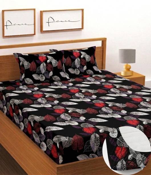 BLUEDOT Cotton Double Fitted (Elastic) 180 TC Printed 1 Summer Bedsheet with 2 Pillow Covers