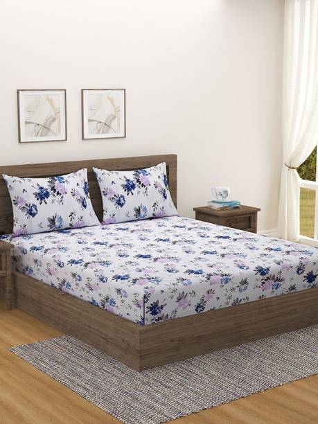SWAYAM Cotton Double Fitted (Elastic) 200 TC Printed 1 Bedsheet with 2 Pillow Covers