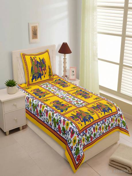 Jeevat Cotton Single Flat 180 TC Jaipuri Prints 2 Bedsheets with 4 Pillow Covers