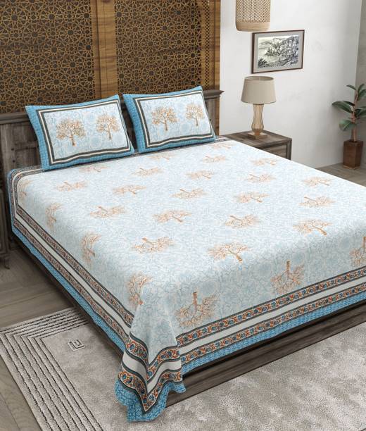 CLOTHOLOGY Cotton King Flat 240 TC Jaipuri Prints 1 Bedsheet with 2 Pillow Covers