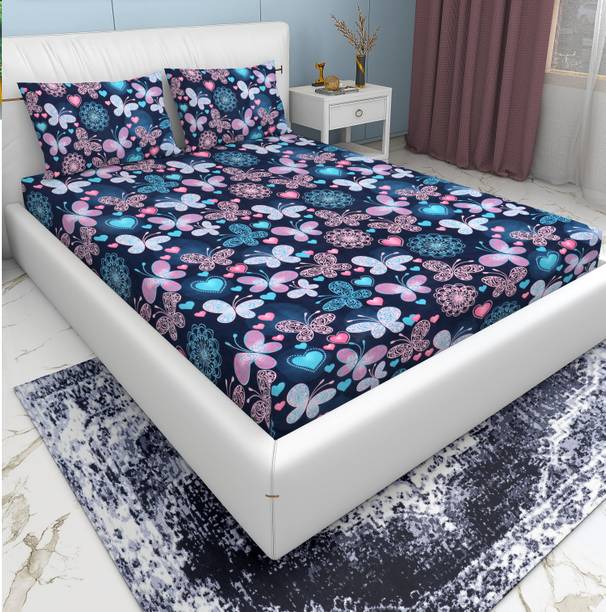 EXFAB Cotton Double Fitted (Elastic) 280 TC Printed 1 Bedsheet with 2 Pillow Covers